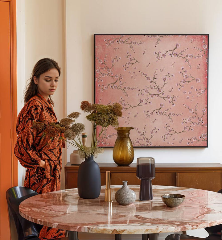 Stylish interior featuring BLOSSOMS ON BLUSH, FLORAL FLOWER PAINTINGS, enhancing the elegant decor with vibrant blooms.