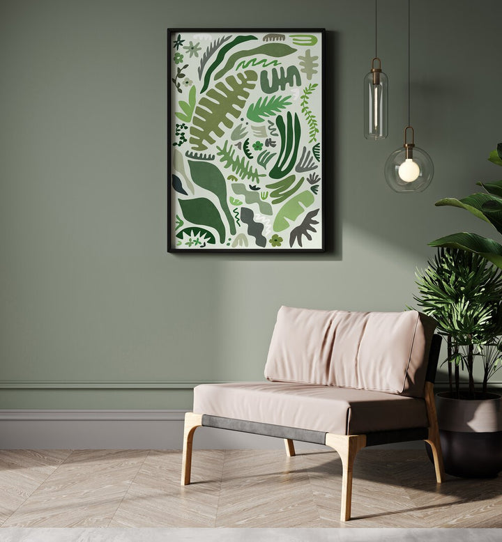 Vibrant GREEN GARDEN, FLORAL FLOWER PAINTINGS adorn a stylish living space, enhancing the beauty of nature indoors.