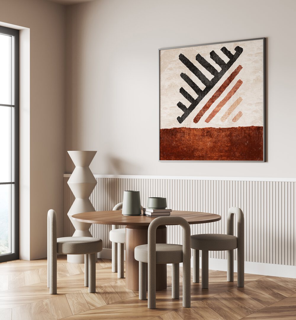 Geometrik Cizgili Kilim Kiremit, a stunning boho art painting, elevates modern interiors with elegance and style.
