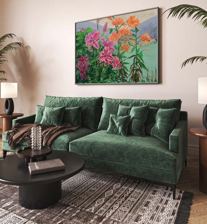 Vibrant PINK AND ORANGE LILIES, FLORAL FLOWER PAINTINGS enhance the cozy living room with colorful wall art.