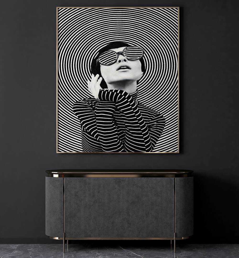 Striking black and white portrait from "THOUGHTS IN A WHIRL, PORTRAITS" collection by Underdott, featuring swirling lines.