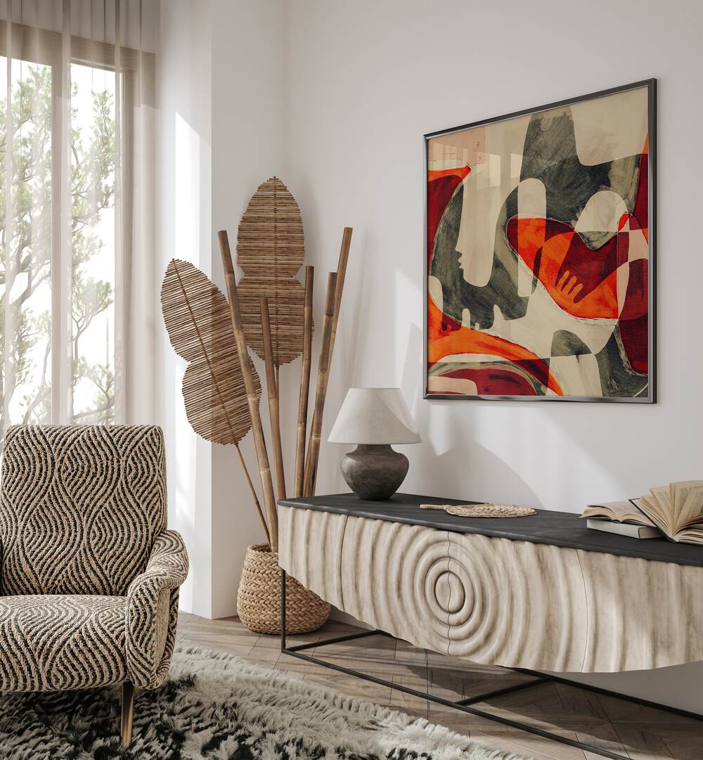 Stylish living space featuring UNFOLDING III, BOHO ART PAINTINGS, enhancing modern decor with vibrant colors.