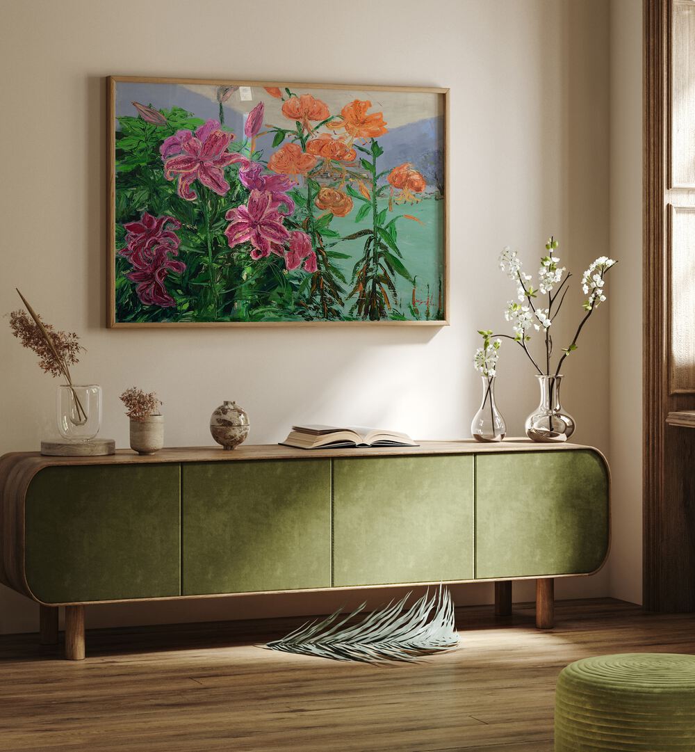 Vibrant PINK AND ORANGE LILIES, FLORAL FLOWER PAINTINGS enhance modern decor in a stylish living room setting.