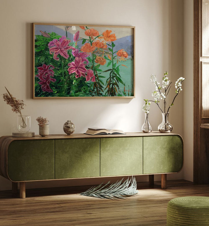 Vibrant PINK AND ORANGE LILIES, FLORAL FLOWER PAINTINGS enhance modern decor in a stylish living room setting.