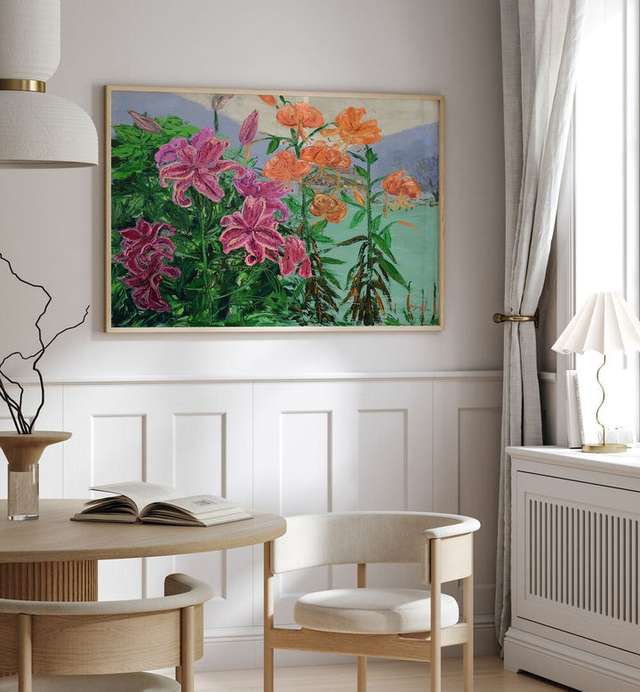 Vibrant PINK AND ORANGE LILIES, FLORAL FLOWER PAINTINGS enhance this elegant room decor with natural beauty.