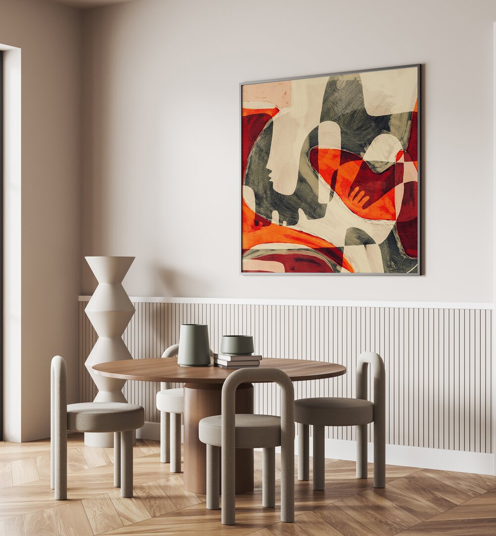 Stylish living space featuring UNFOLDING III, BOHO ART PAINTINGS, enhancing modern decor with vibrant abstract designs.