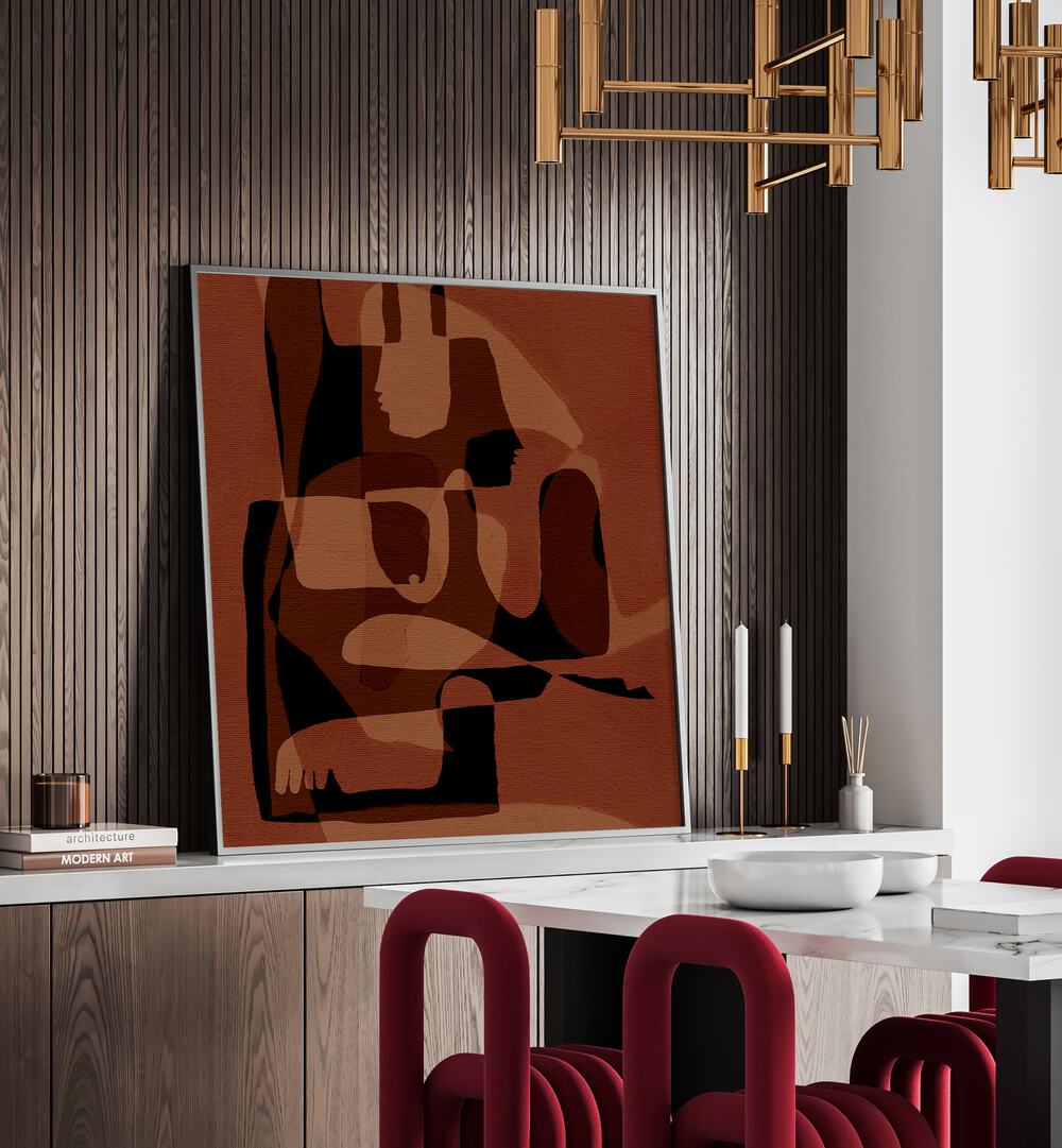 Elegant UNFOLDING V, BOHO ART PAINTINGS displayed in a modern dining space, enhancing contemporary design aesthetics.