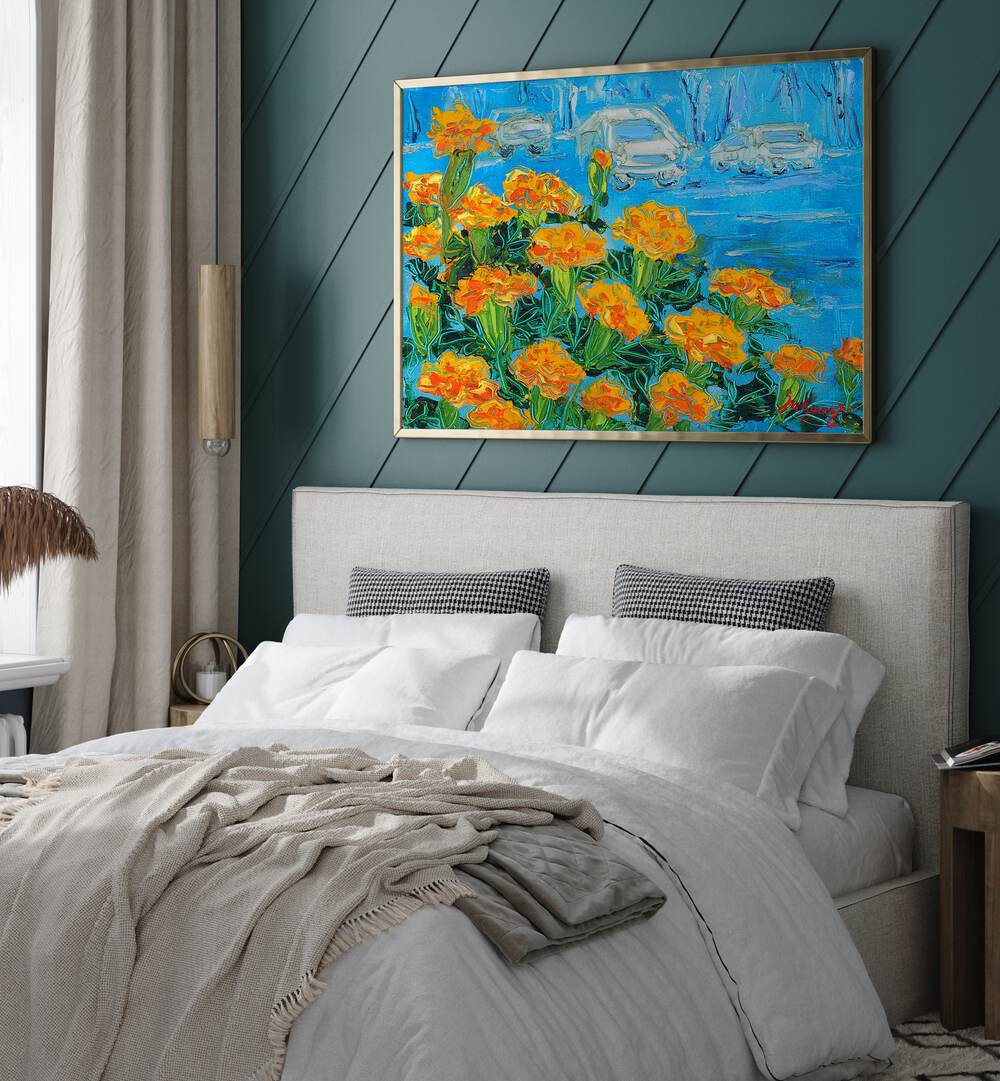Bright and vibrant MARIGOID CANVAS, FLORAL FLOWER PAINTINGS enhance a cozy bedroom with stunning floral art.