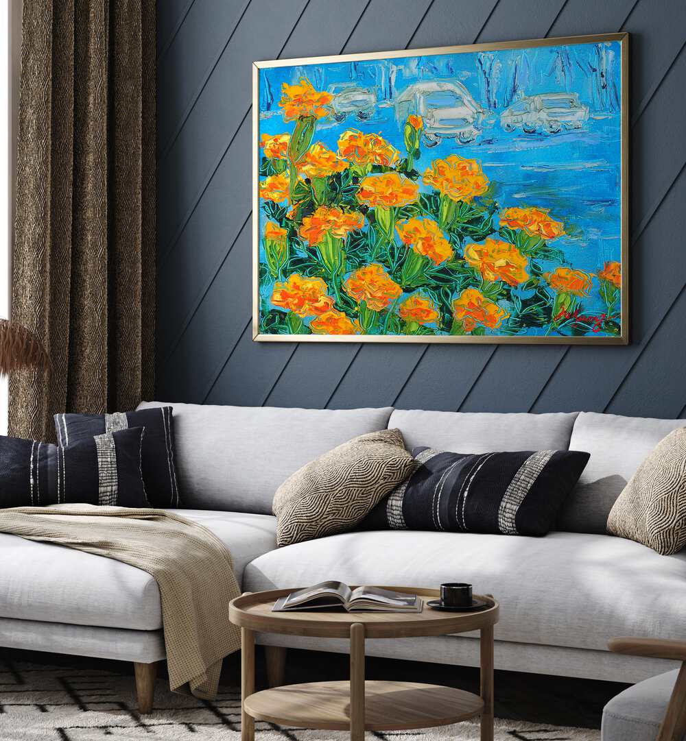 Brighten your space with MARIGOID CANVAS, FLORAL FLOWER PAINTINGS featuring vibrant marigolds on a blue background.