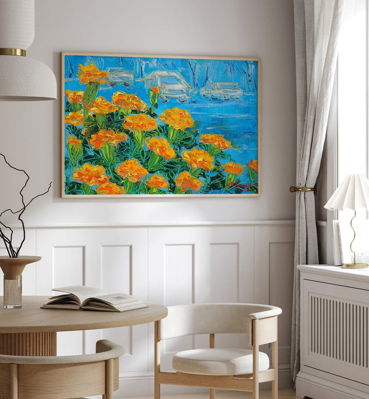 Bright orange marigolds bloom in the MARIGOID CANVAS, FLORAL FLOWER PAINTINGS, enhancing any room's decor.