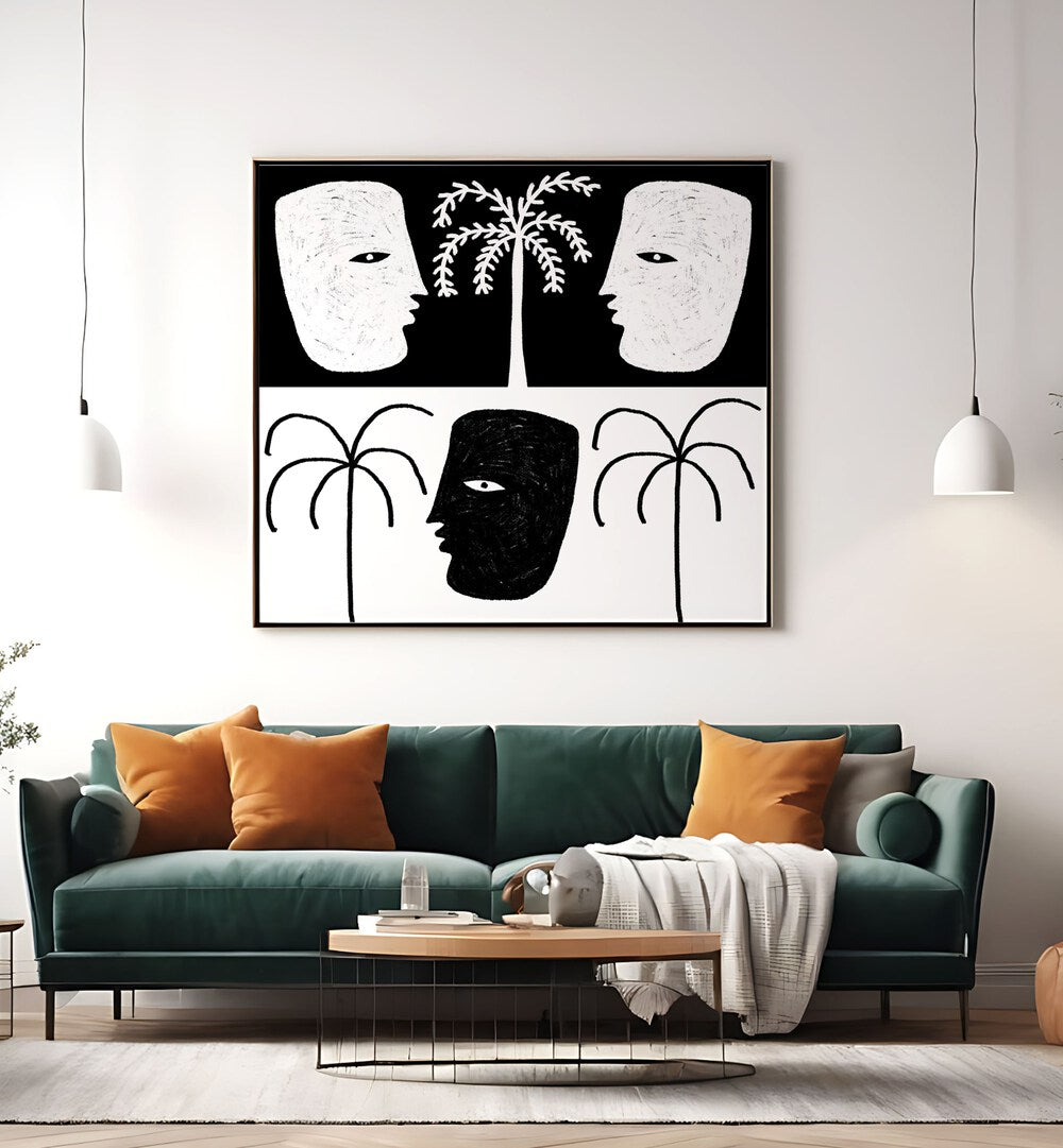 Stylish YEARNING I, BOHO ART PAINTINGS adorn a modern living space with elegant black and white design elements.
