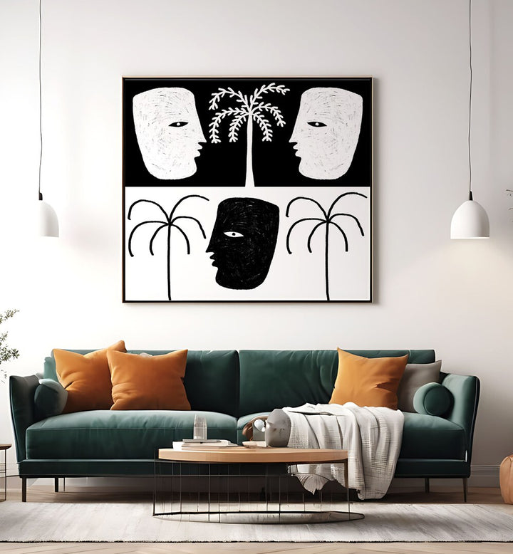 Stylish YEARNING I, BOHO ART PAINTINGS adorn a modern living space with elegant black and white design elements.