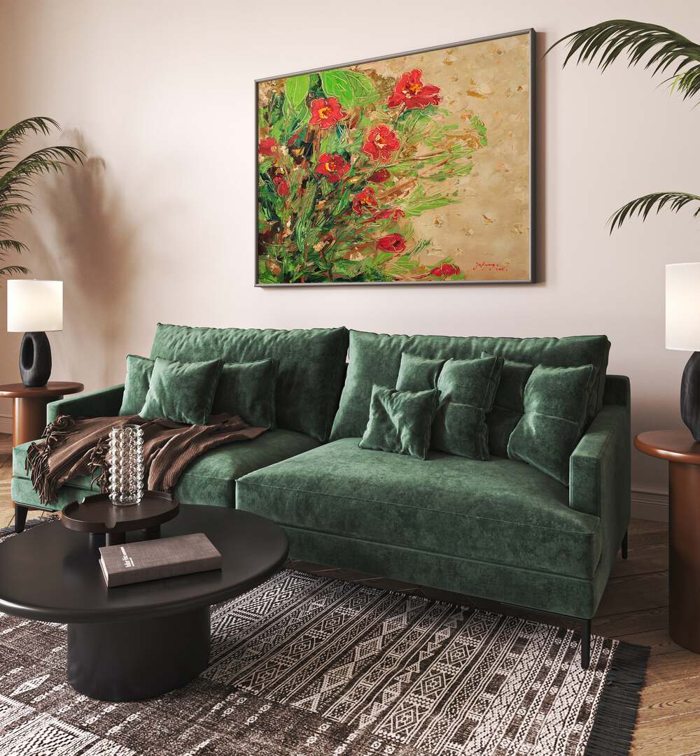 Vibrant MARIGOLD CANVAS III, FLORAL FLOWER PAINTINGS adding charm to a cozy living room with green sofa decor.