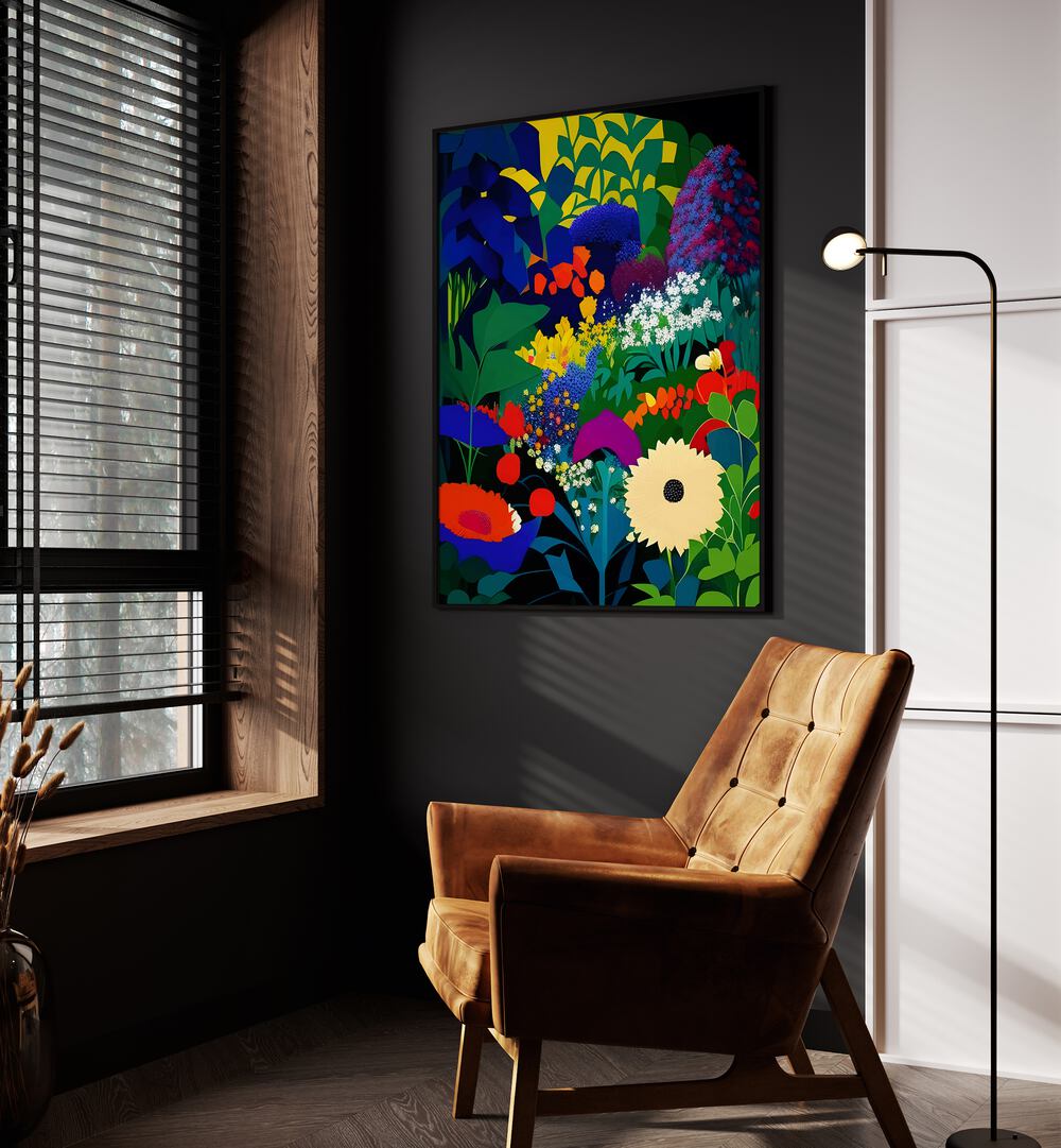Vibrant floral artwork titled "A BEAUTIFULLY DARK MIND, FLORAL FLOWER PAINTINGS" by Uma Gokhale enhances any space.