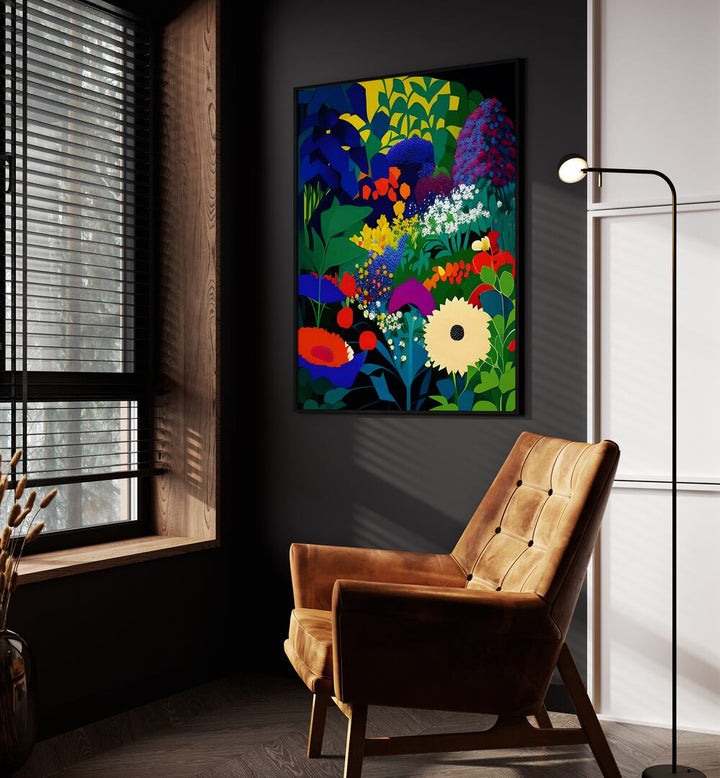 Vibrant floral artwork titled "A BEAUTIFULLY DARK MIND, FLORAL FLOWER PAINTINGS" by Uma Gokhale enhances any space.