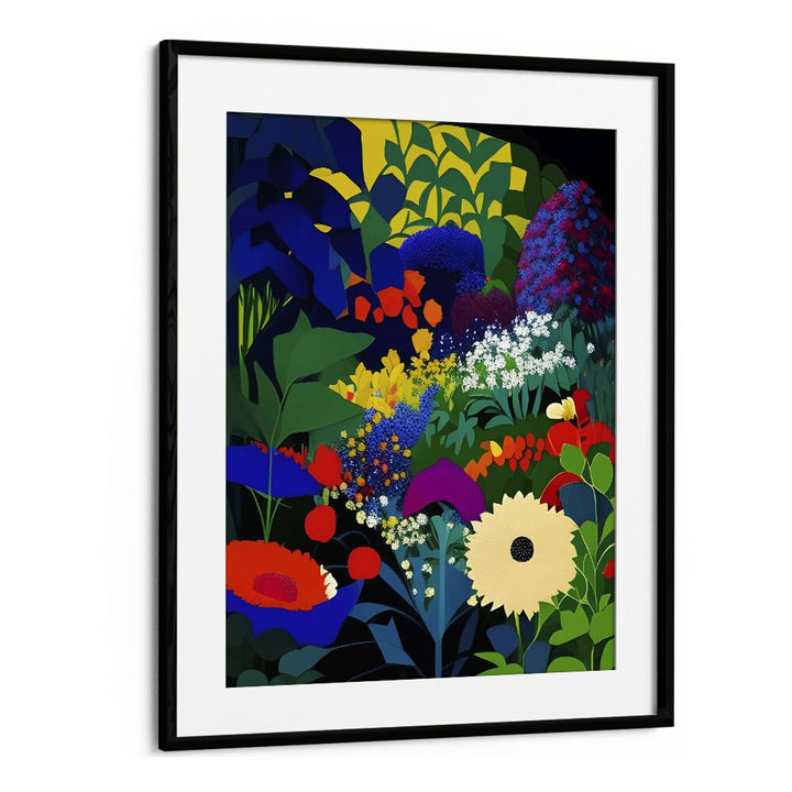 A BEAUTIFULLY DARK MIND, FLORAL FLOWER PAINTINGS by Uma Gokhale features vibrant botanical art in a sleek black frame.