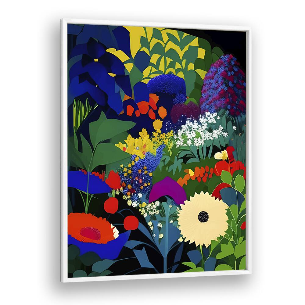 Vibrant botanical art print, "A BEAUTIFULLY DARK MIND, FLORAL FLOWER PAINTINGS," by Uma Gokhale in a white frame.