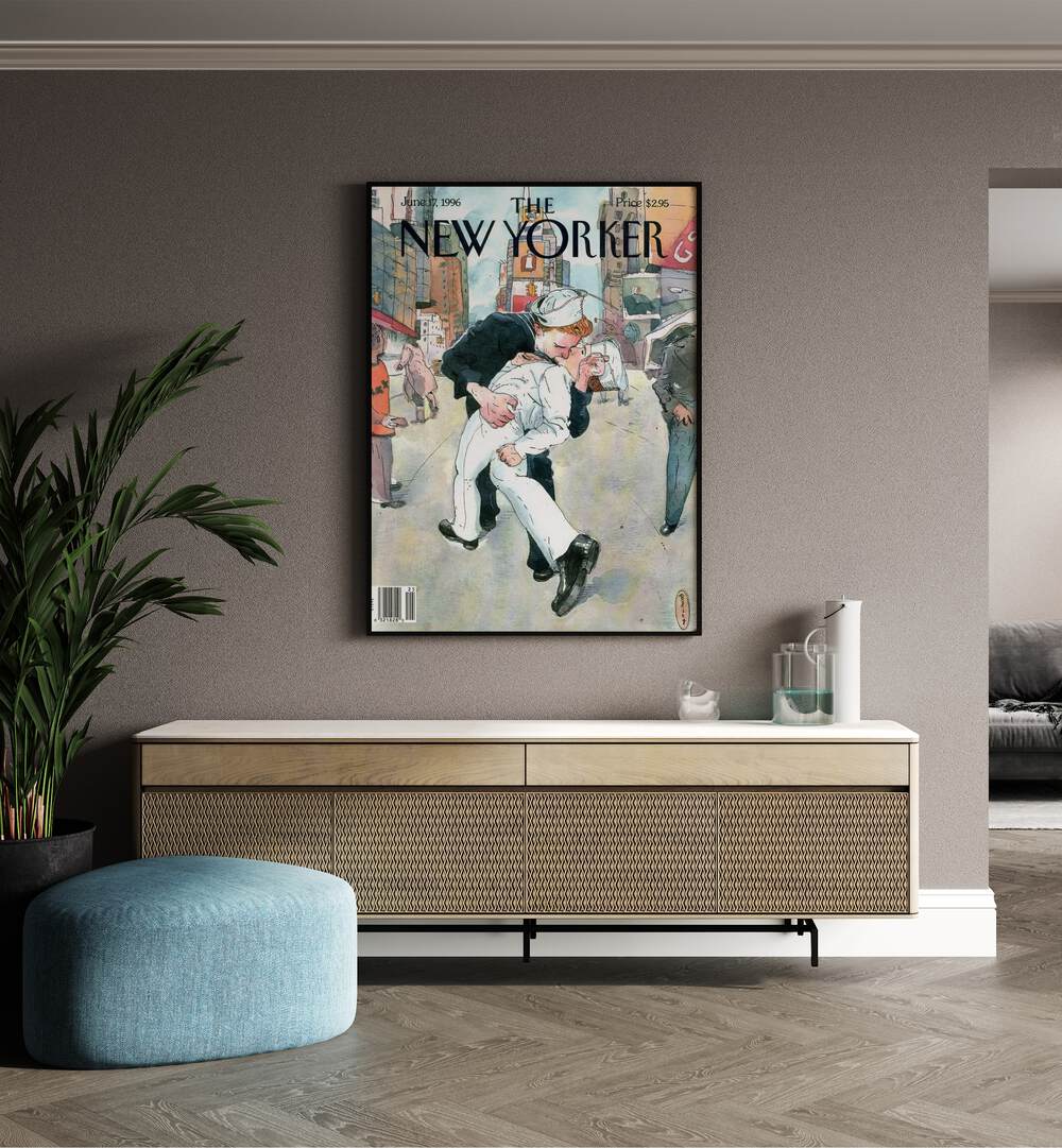Couple re-enacts the famous World War II kiss on The New Yorker magazine cover, showcasing historical charm.