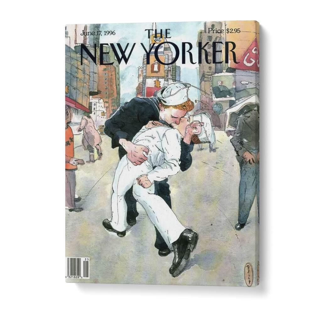 A couple re-enacts the famous World War II kiss on the 1996 cover of The New Yorker Magazine. FAMOUS WORLD WAR II KISS, NEW YORKER MAGAZINE COVERS.