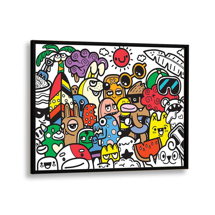 Vibrant A DAY AT THE BEACH, DOODLE ART PAINTINGS in a black frame captures joyful beach vibes for your home decor.