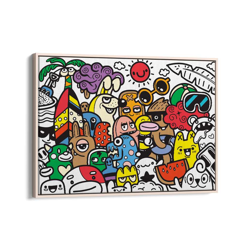 Colorful A DAY AT THE BEACH, DOODLE ART PAINTINGS showcasing whimsical beach scenes, perfect for vibrant decor.