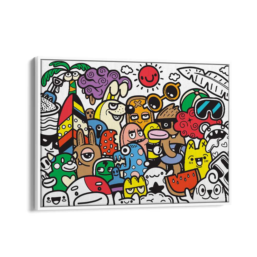 Colorful doodle art painting titled "A DAY AT THE BEACH, DOODLE ART PAINTINGS," capturing fun beach vibes for decor.