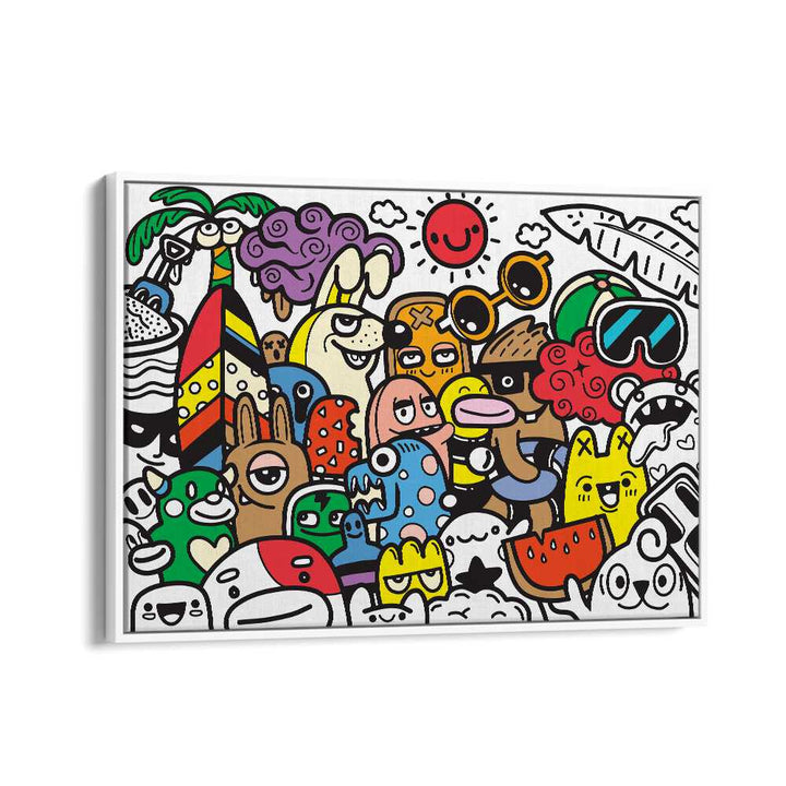 Colorful doodle art painting titled "A DAY AT THE BEACH, DOODLE ART PAINTINGS," capturing fun beach vibes for decor.