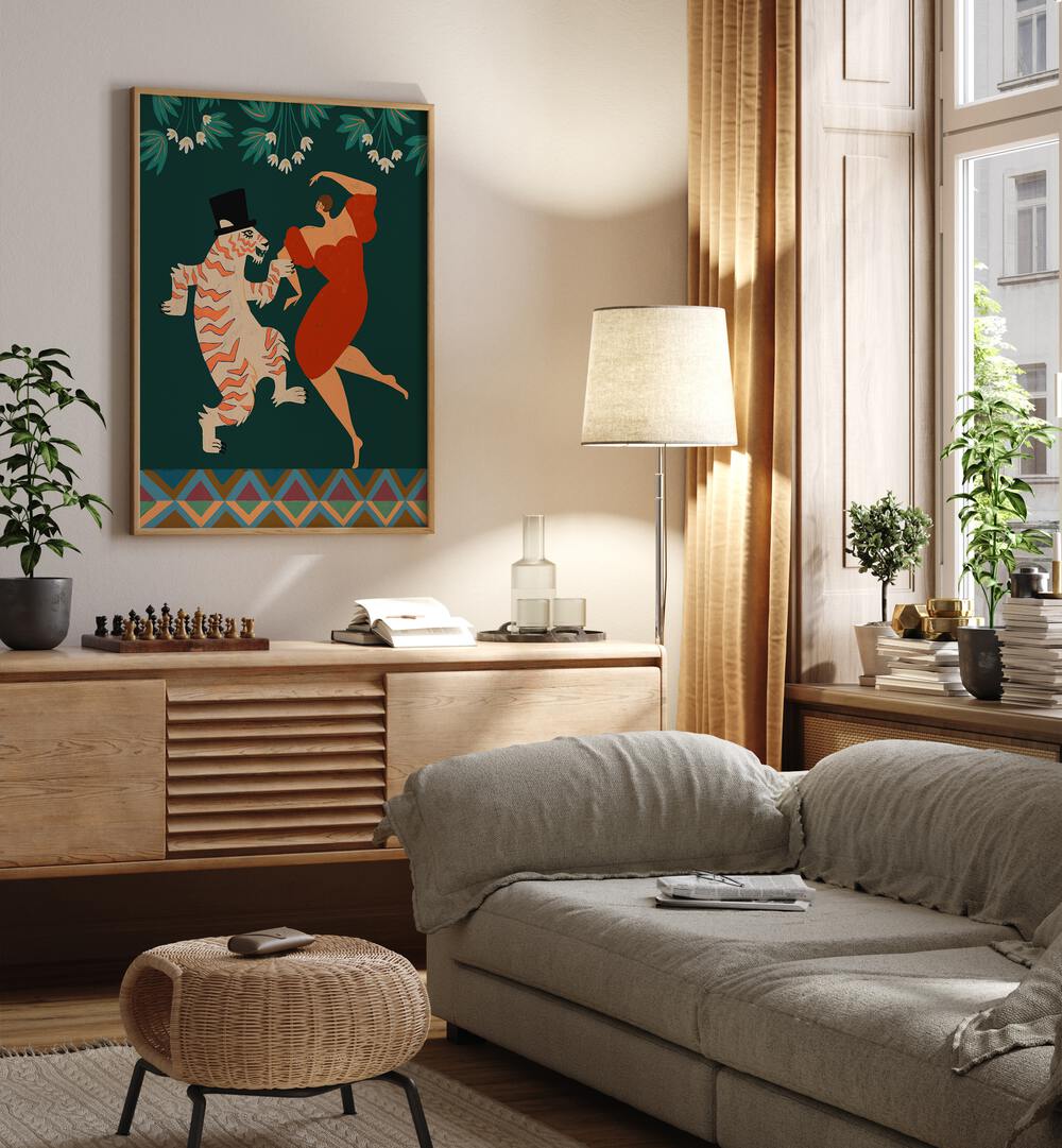 A Date With A Wild Cat By Arty Guava Wall Art Prints in Oak Wood Plain Frame placed on a Cream Colored Wall above a Console Table near a Grey Sofa in the Living Room