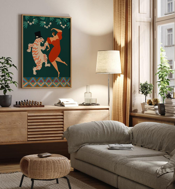 A Date With A Wild Cat By Arty Guava Wall Art Prints in Oak Wood Plain Frame placed on a Cream Colored Wall above a Console Table near a Grey Sofa in the Living Room
