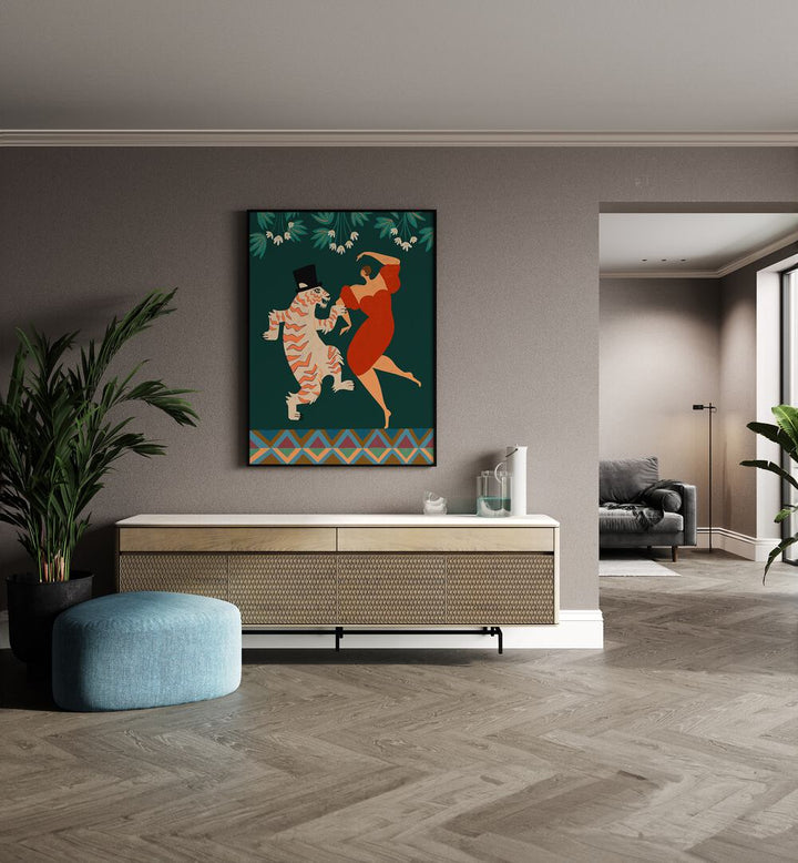A Date With A Wild Cat By Arty Guava Wall Art Prints in White Plain Frame placed on a Beige Colored Wall above a Console Table in the Drawing Room