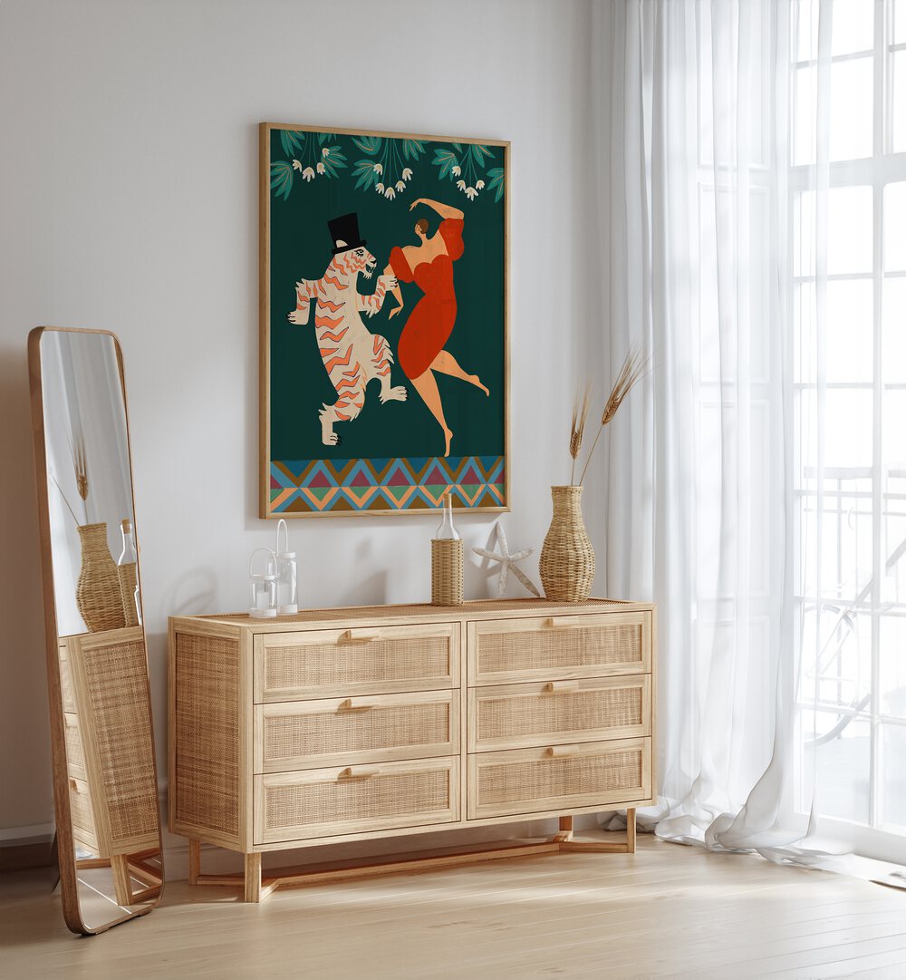 A Date With A Wild Cat By Arty Guava Wall Art Prints in Oak Wood Plain Frame placed on a White Colored Wall above a Console Table in the Drawing Room