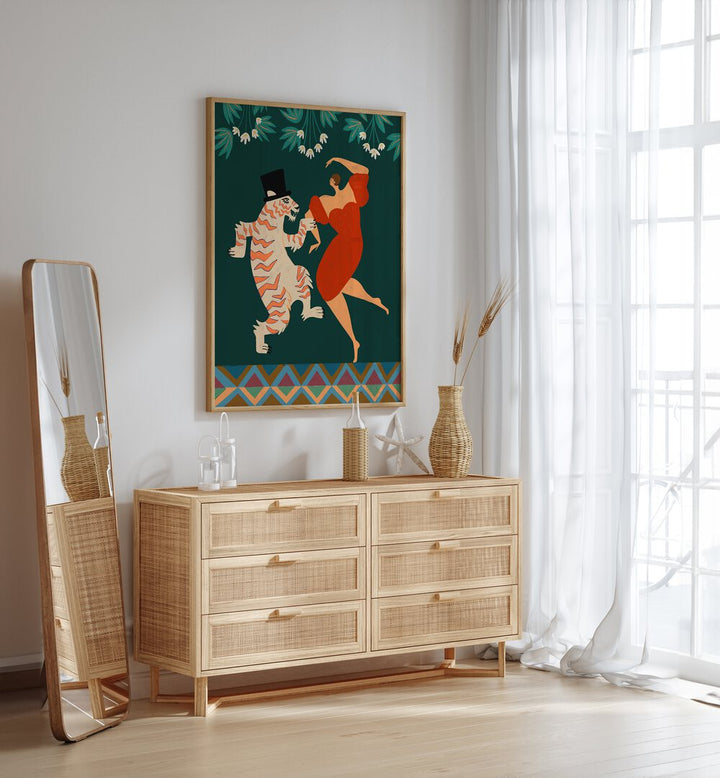A Date With A Wild Cat By Arty Guava Wall Art Prints in Oak Wood Plain Frame placed on a White Colored Wall above a Console Table in the Drawing Room