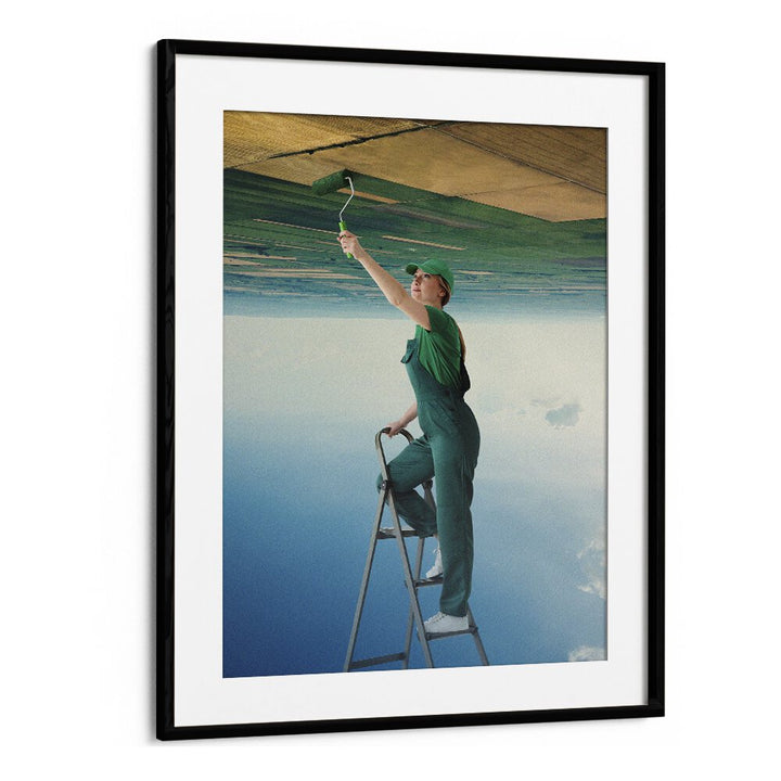 Surreal art print "A FRESH START" by Vertigo Artography depicts a painter on a ladder, creating a dreamlike scene.