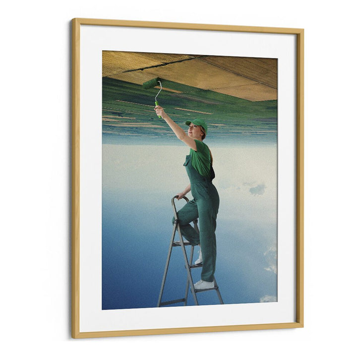 Woman painting an inverted landscape, showcasing "A FRESH START, SURREAL ART PRINTS" by Vertigo Artography.