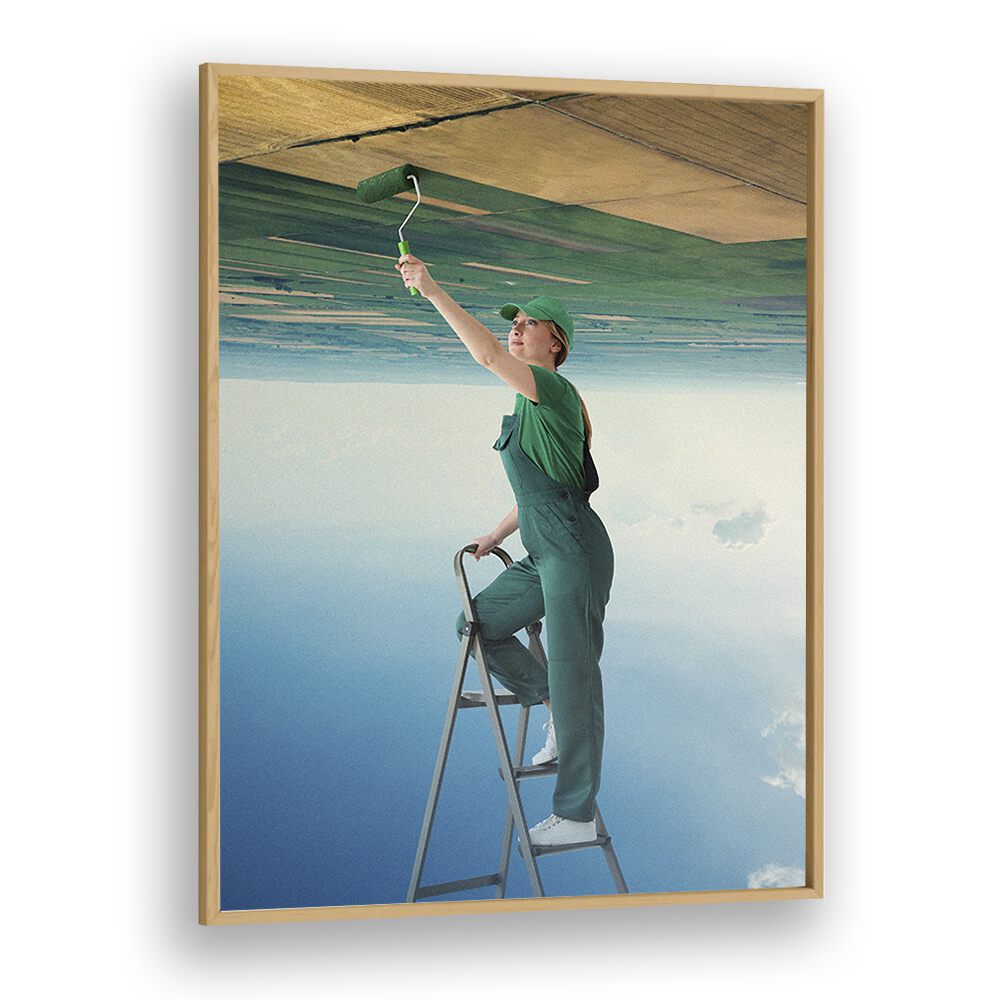 A Fresh Start, Surreal Art Prints by Vertigo Artography features a woman painting an upside-down landscape.