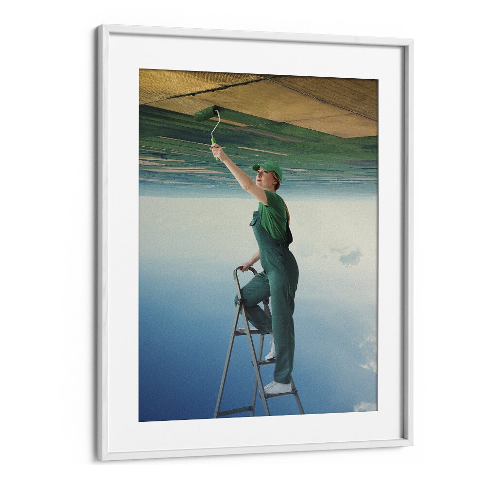 Surreal art print "A FRESH START" by Vertigo Artography features a painter creating an enchanting scene.