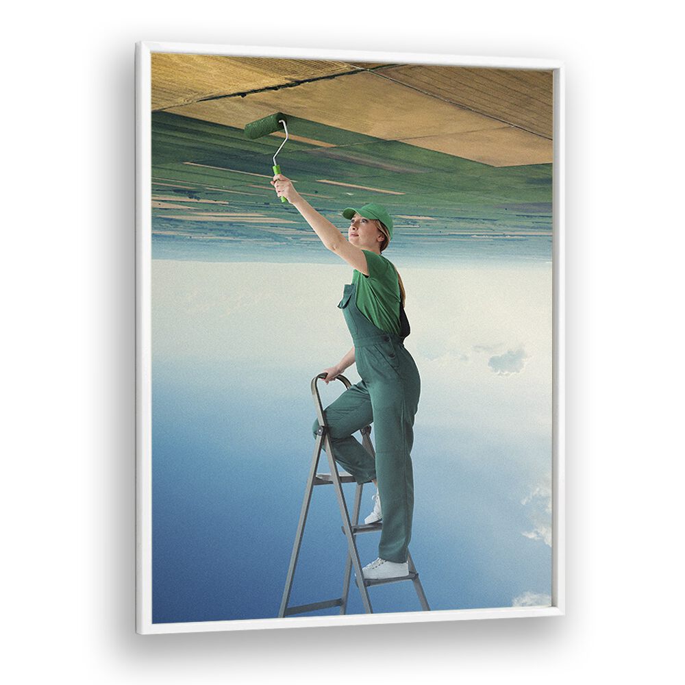 Surreal art prints titled "A FRESH START" showcase a painter on a ladder in a whimsical landscape, by Vertigo Artography.