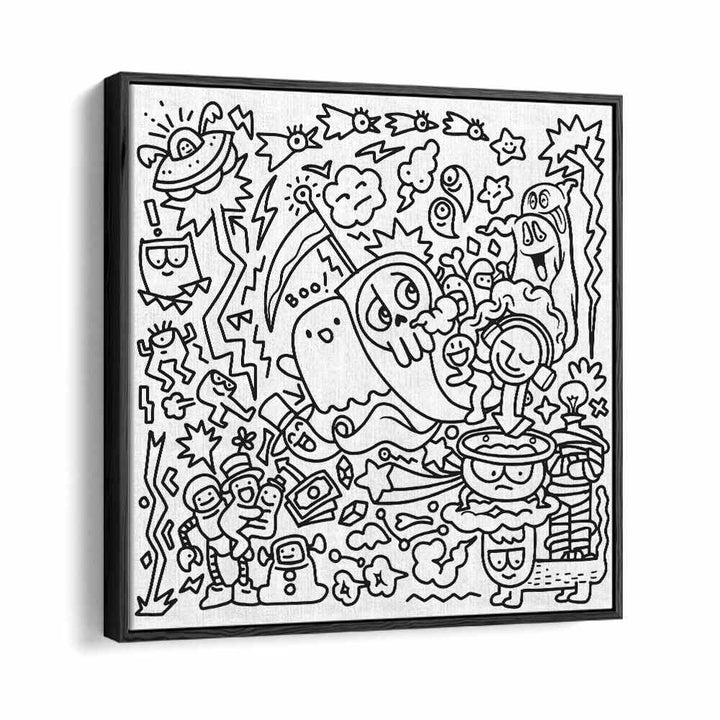 Whimsical A GHOSTLY ADVENTURE, DOODLE ART PAINTINGS in a black floater frame, perfect for art lovers and creativity.
