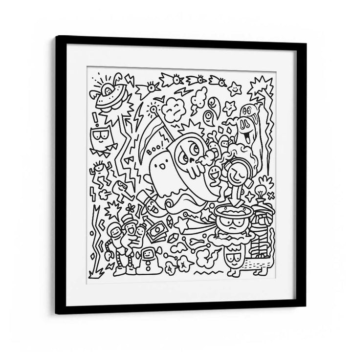 Whimsical A GHOSTLY ADVENTURE, DOODLE ART PAINTINGS in a black frame, perfect for art enthusiasts and doodle lovers.