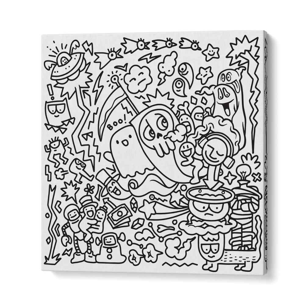 Whimsical doodle art featuring playful ghosts and creatures in "A GHOSTLY ADVENTURE, DOODLE ART PAINTINGS."