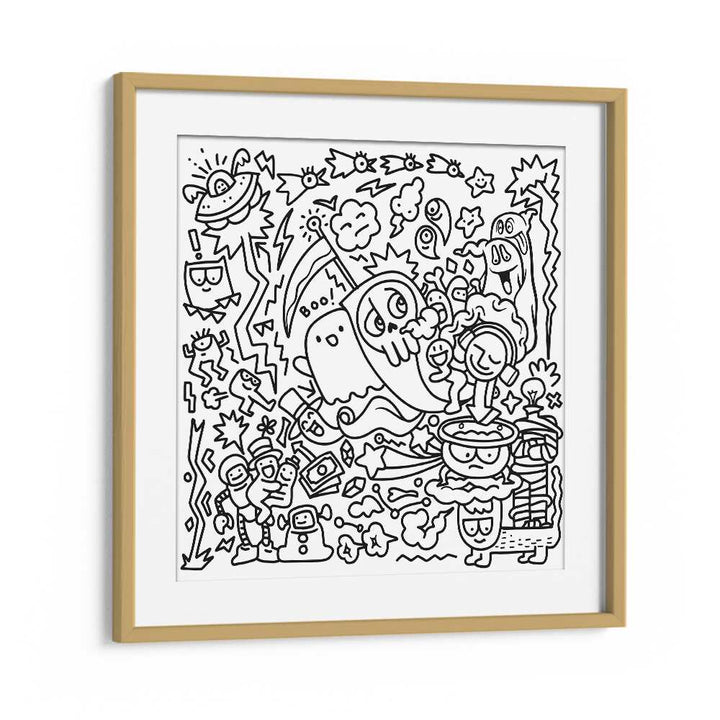 Whimsical A GHOSTLY ADVENTURE, DOODLE ART PAINTINGS in a framed design, perfect for art lovers and creative spaces.