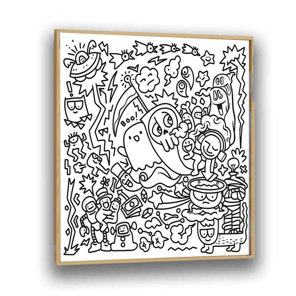 Whimsical A GHOSTLY ADVENTURE, DOODLE ART PAINTINGS in a plain oak frame, perfect for creative enthusiasts.