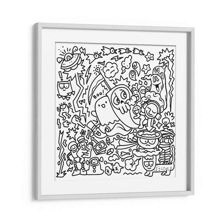 Explore whimsical fun with A GHOSTLY ADVENTURE, DOODLE ART PAINTINGS, showcasing playful doodles in a framed masterpiece.