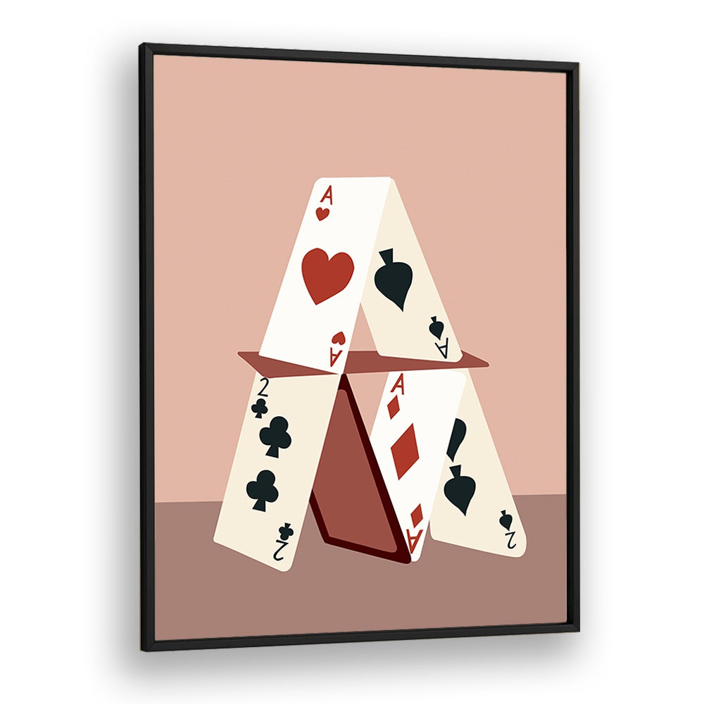 A HOUSE MADE OF CARDS, GAMING POSTERS by Uma Gokhale features a striking card house design in a sleek black frame.