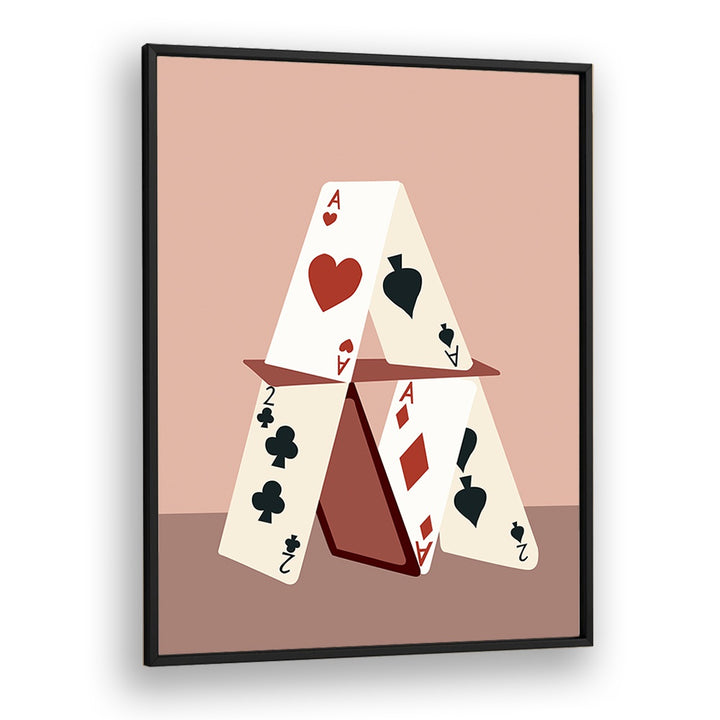 A HOUSE MADE OF CARDS, GAMING POSTERS by Uma Gokhale features a striking card house design in a sleek black frame.