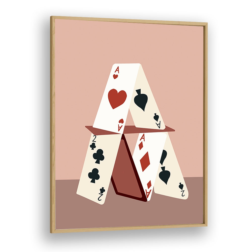 A HOUSE MADE OF CARDS, GAMING POSTERS by Uma Gokhale showcases a creative card house design in a stylish frame.