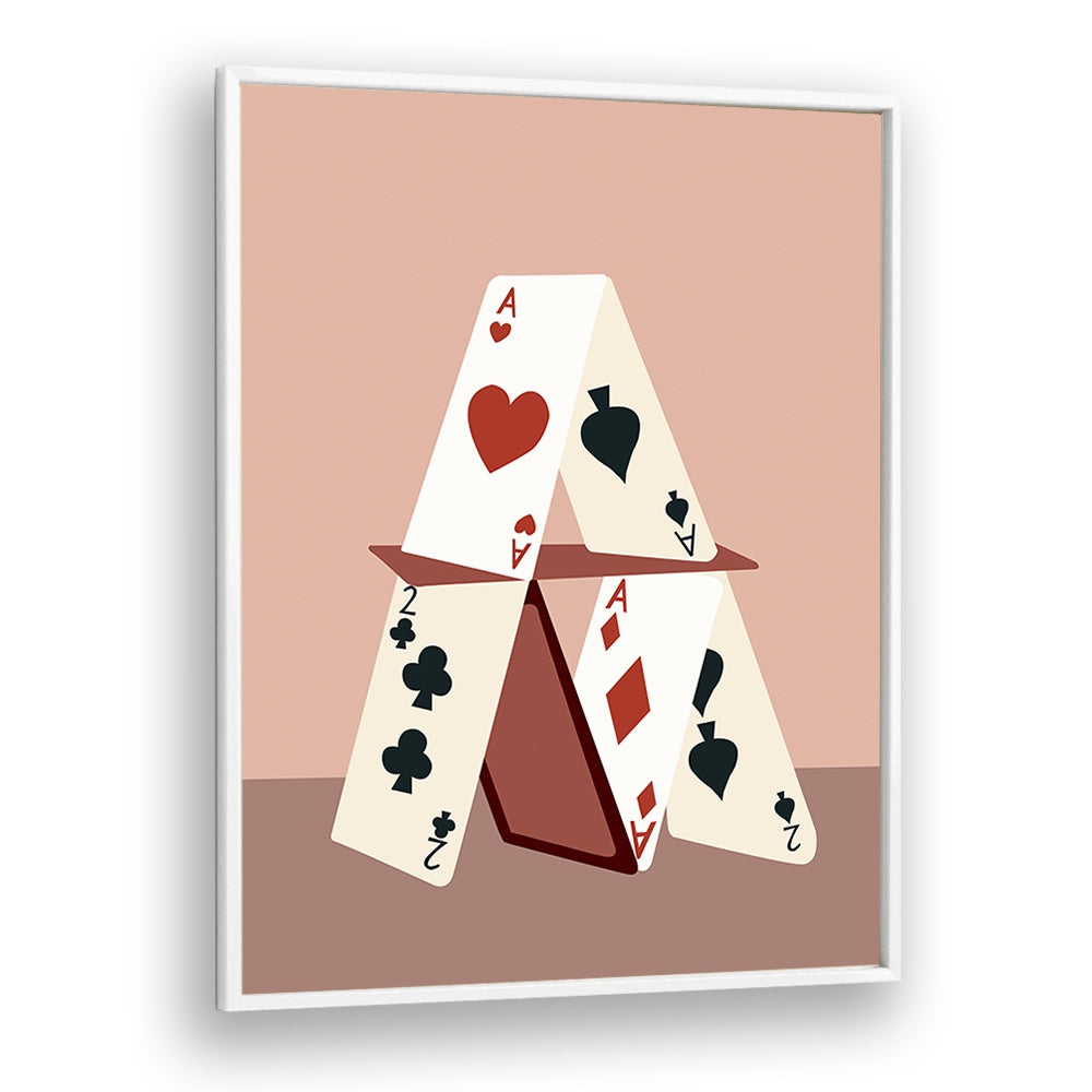 A HOUSE MADE OF CARDS, GAMING POSTERS by Uma Gokhale, showcasing a creative card structure in elegant framing.