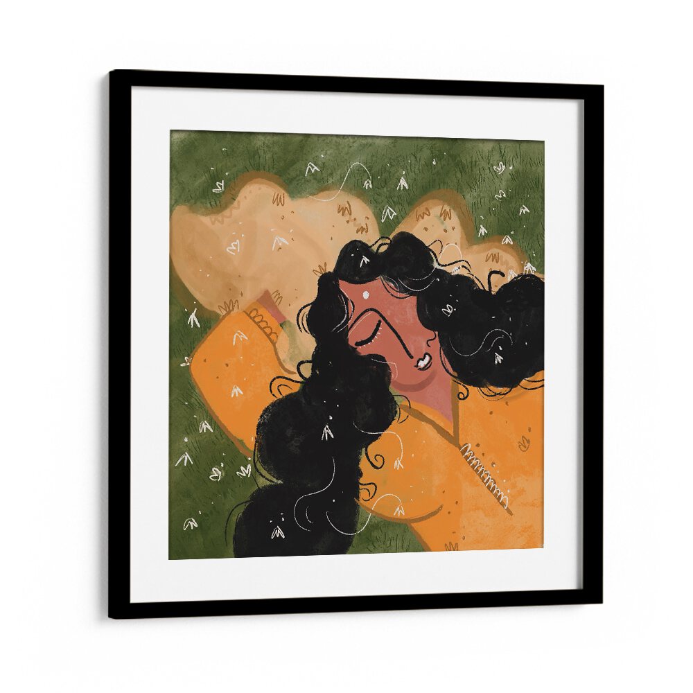 A Peaceful Day By Shreya Roy Chowdary, Indian Art Paintings Artwork in Black Frame With Mount