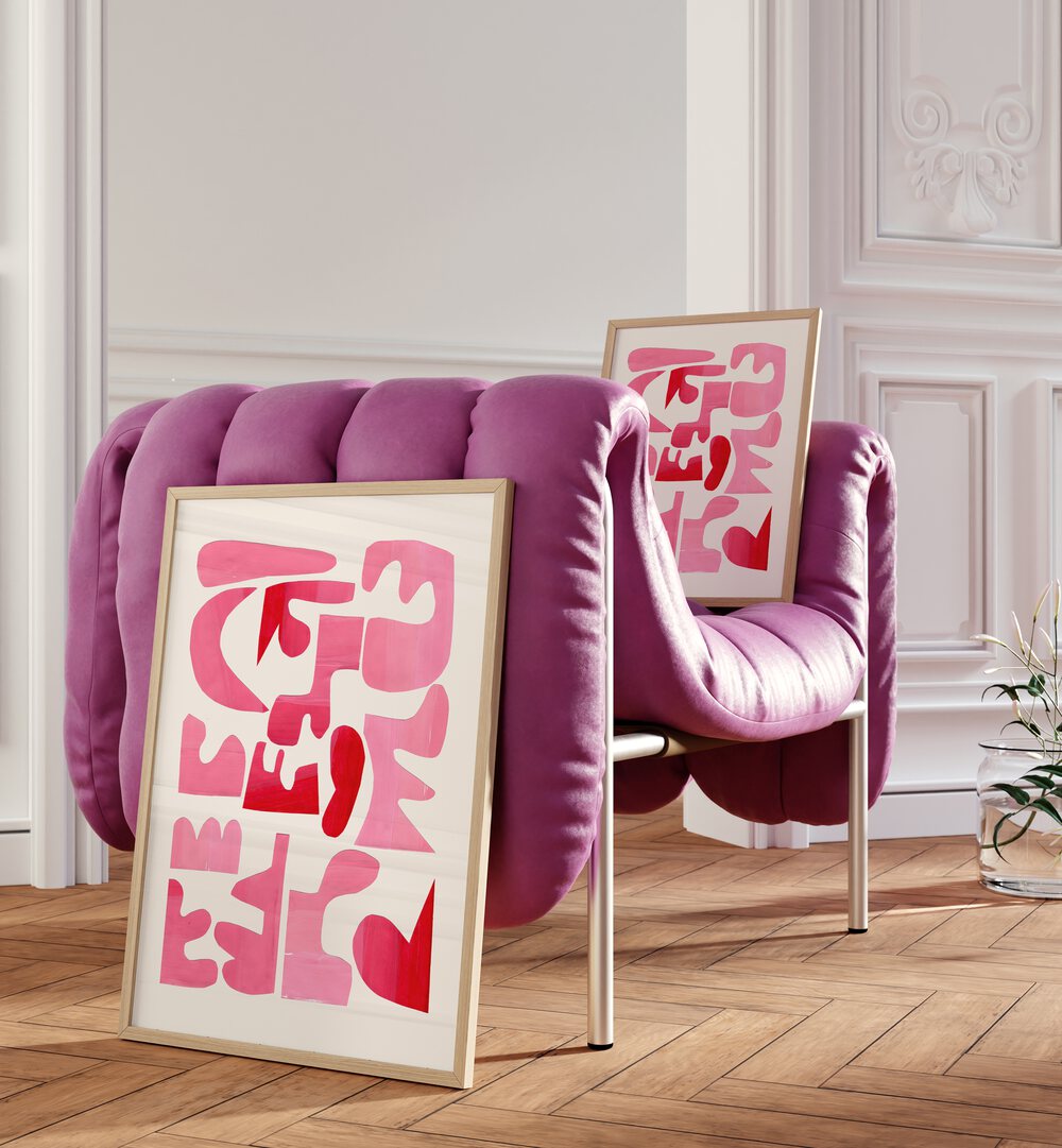 Stylish A PINK PUZZLE, FASHION POSTERS by Ejaaz Haniff, enhancing modern interiors with elegant pink and red hues.