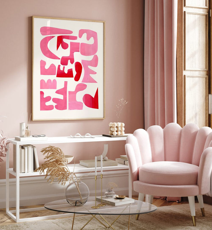 Transform your space with A PINK PUZZLE, FASHION POSTERS by Ejaaz Haniff, showcasing elegant pink and red hues.